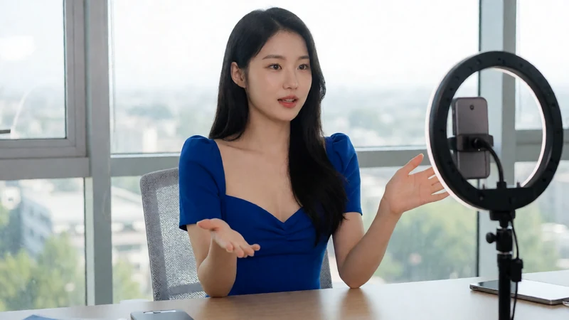 虚构成年东亚女主播穿蓝色短裙坐在直播桌前，对着摄像机说明造型