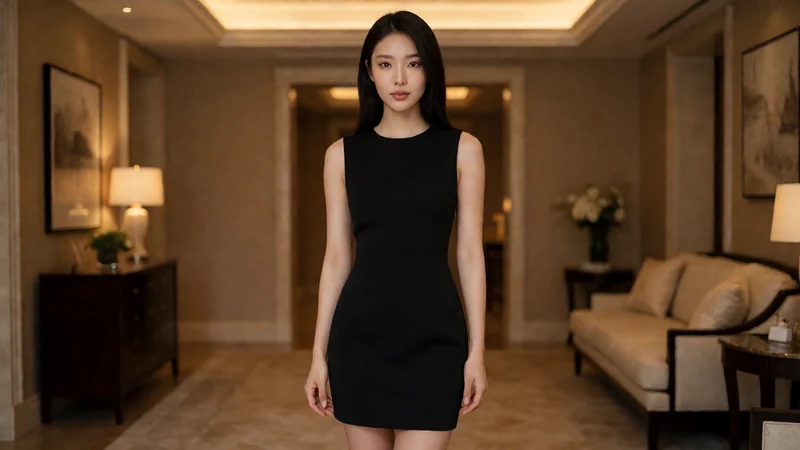 虚构成年东亚女性穿黑色礼服短裙站在酒会场景中央
